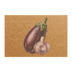 Eggplant and Garlic coir doormat, showing an eggplant beside a garlic bulb