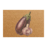 Eggplant and Garlic coir doormat, showing an eggplant beside a garlic bulb