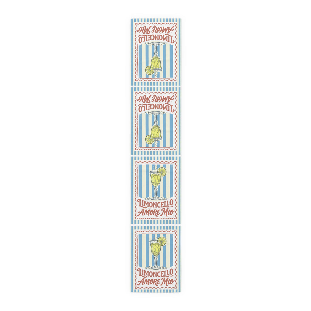 Limoncello Amore Mio table runner in cotton twill, 16 by 90 inches, the longer size with the same striped label print