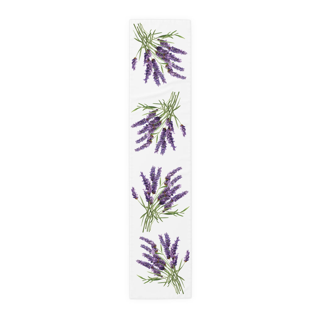 Lavender table runner in polyester, 16 by 72 inches, laid flat with repeating sprigs of lavender