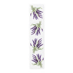 Lavender table runner in polyester, 16 by 72 inches, laid flat with repeating sprigs of lavender
