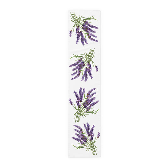 Lavender table runner in polyester, 16 by 72 inches, laid flat with repeating sprigs of lavender