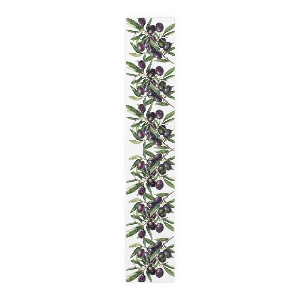 Olive Branch table runner in cotton twill, 16 by 90 inches, the longer size laid flat with the same repeating print
