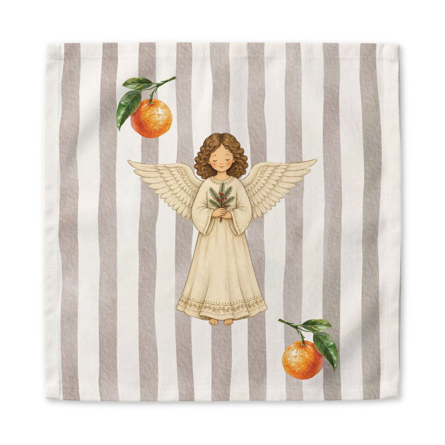 Angels and oranges Christmas cloth napkin laid flat, the angel and oranges centered on the same soft grey and cream stripe