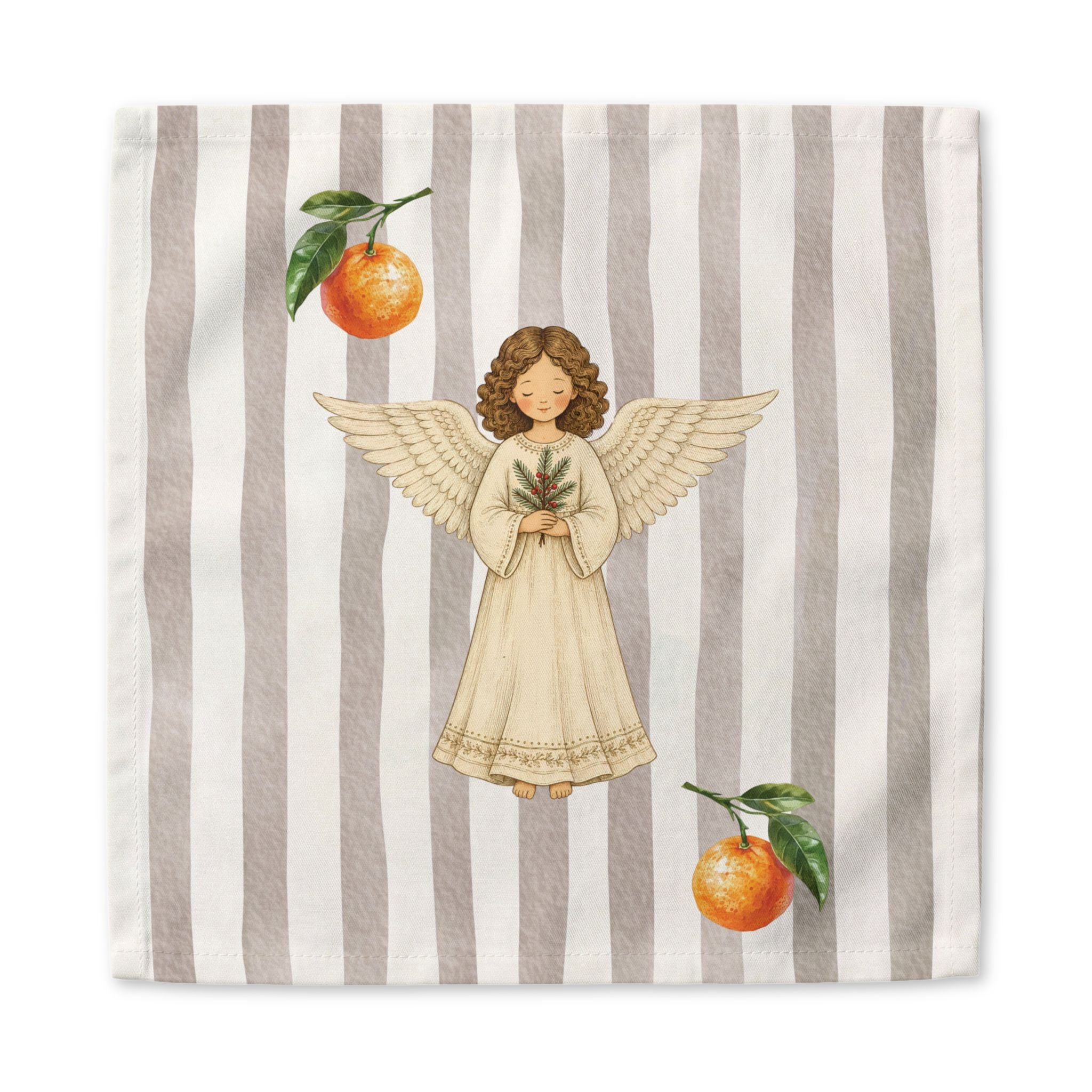 Angels and oranges Christmas cloth napkin laid flat, the angel and oranges centered on the same soft grey and cream stripe