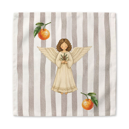 Angels and oranges Christmas cloth napkin laid flat, the angel and oranges centered on the same soft grey and cream stripe