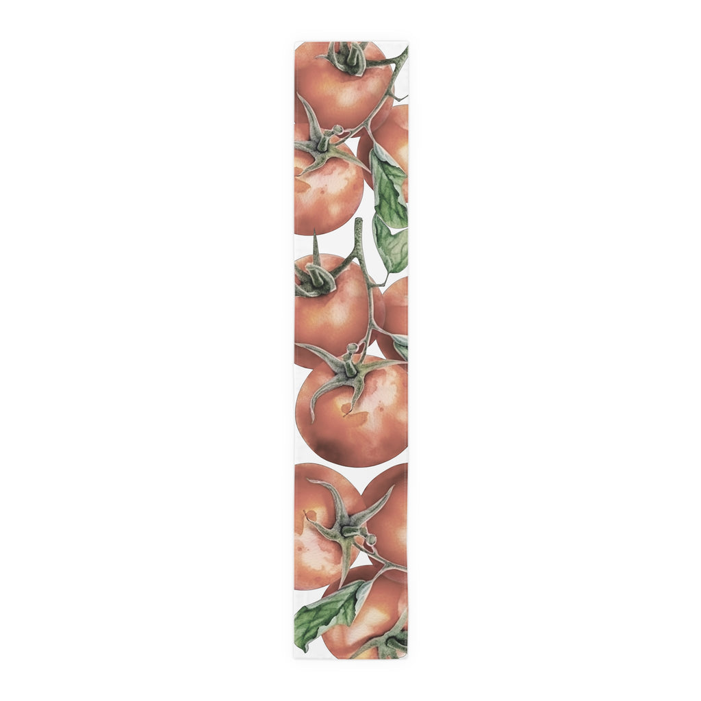 Tomato table runner in cotton twill, 16 by 90 inches, the longer size laid flat with the same repeating print