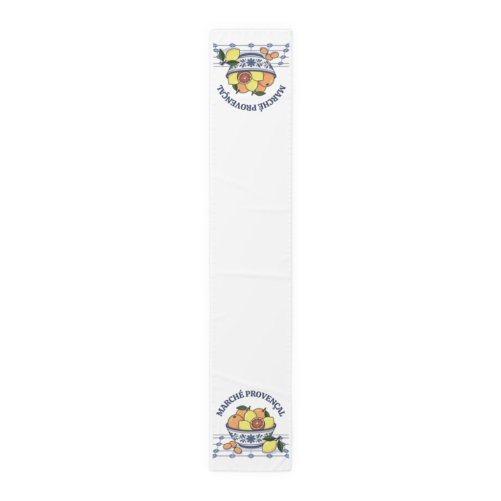 Marché Provençal table runner in cotton twill, 16 by 90 inches, the longer size with the same border at each end