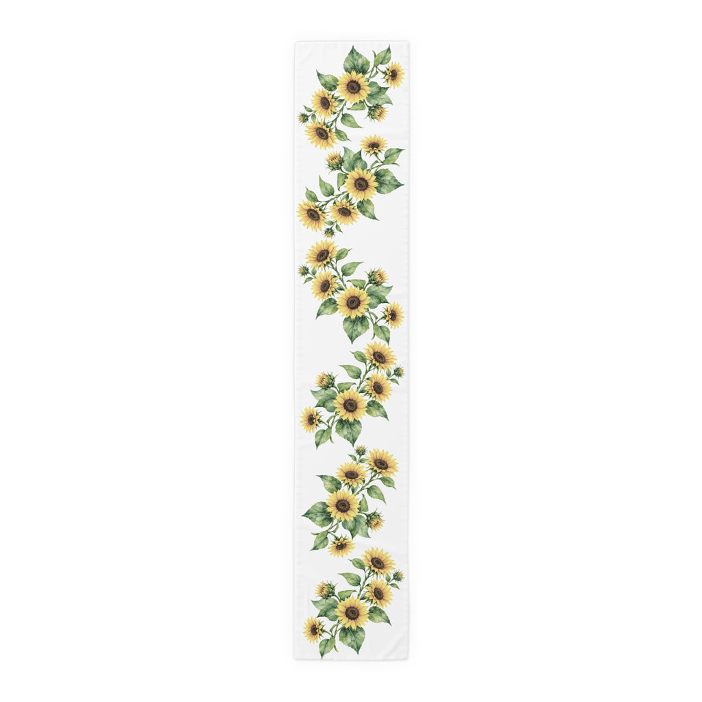 Sunflower table runner in cotton twill, 16 by 90 inches, the longer size laid flat with the same repeating print