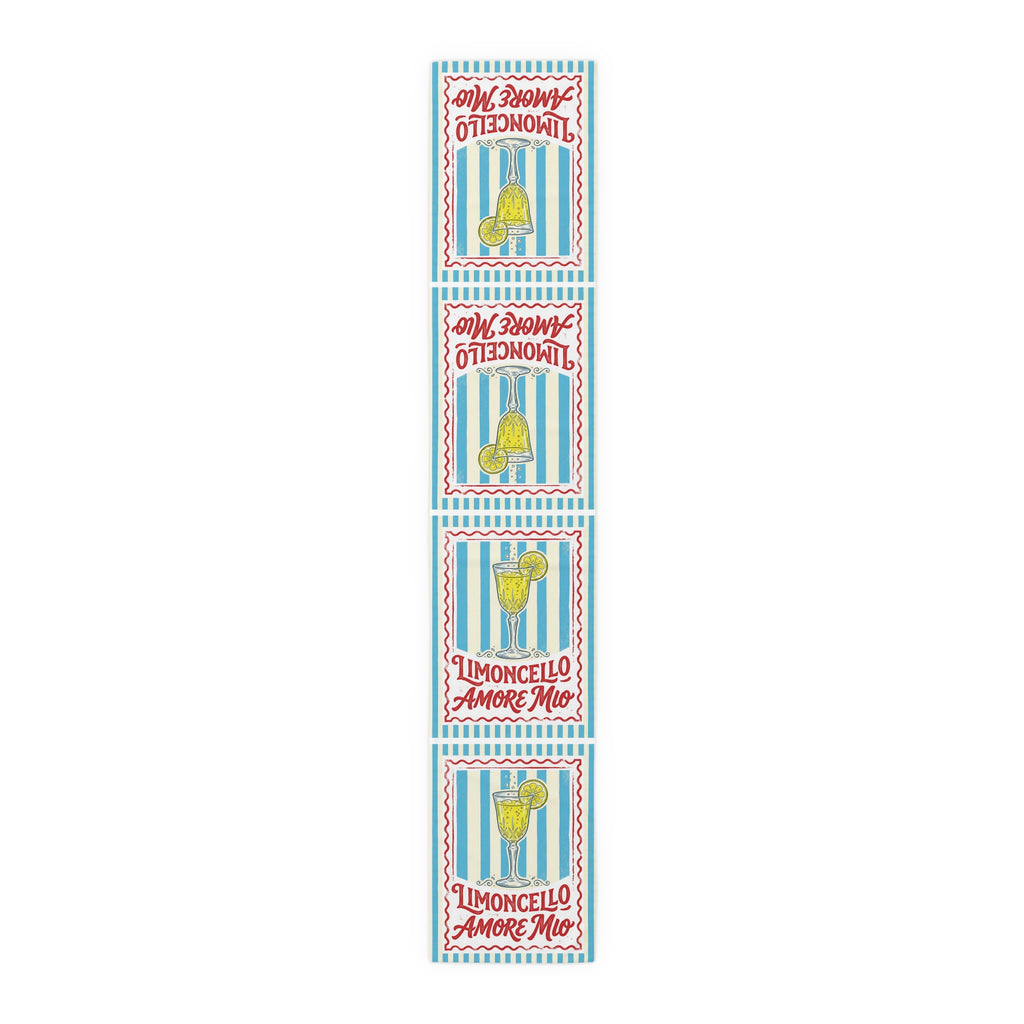 Limoncello Amore Mio table runner in polyester, 16 by 90 inches, the longer size with the same striped label print