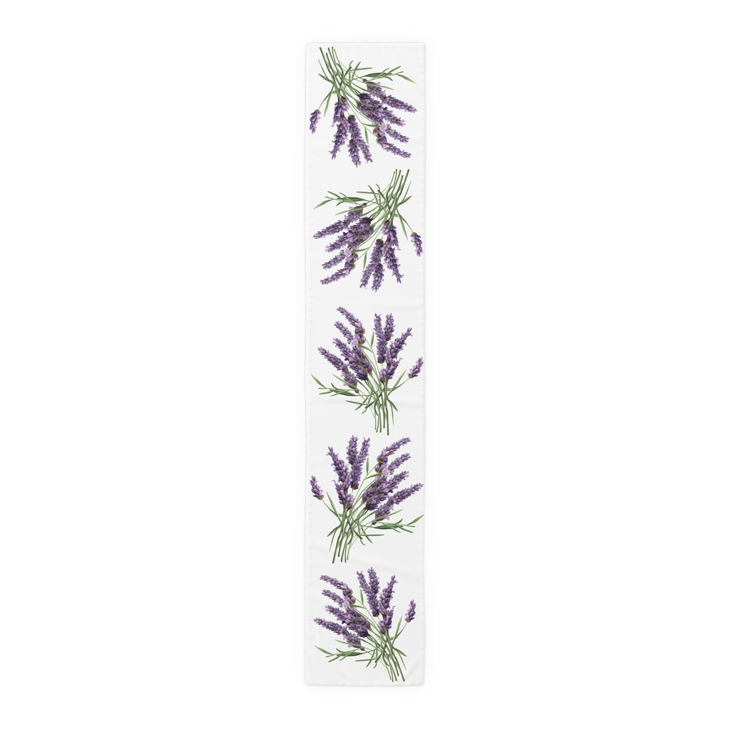 Lavender table runner in cotton twill, 16 by 90 inches, the longer size laid flat with the same repeating print