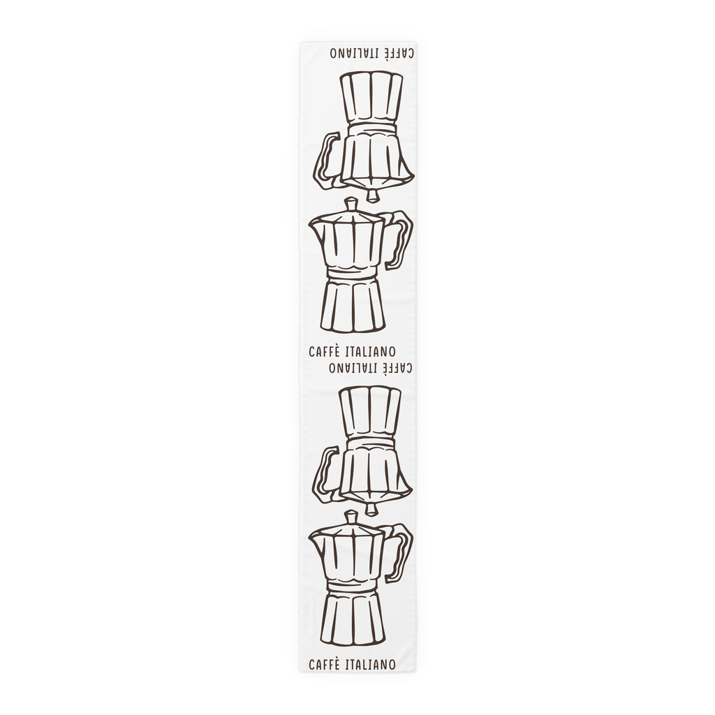 Caffè Italiano table runner in polyester, 16 by 90 inches, the longer size laid flat with the same repeating print
