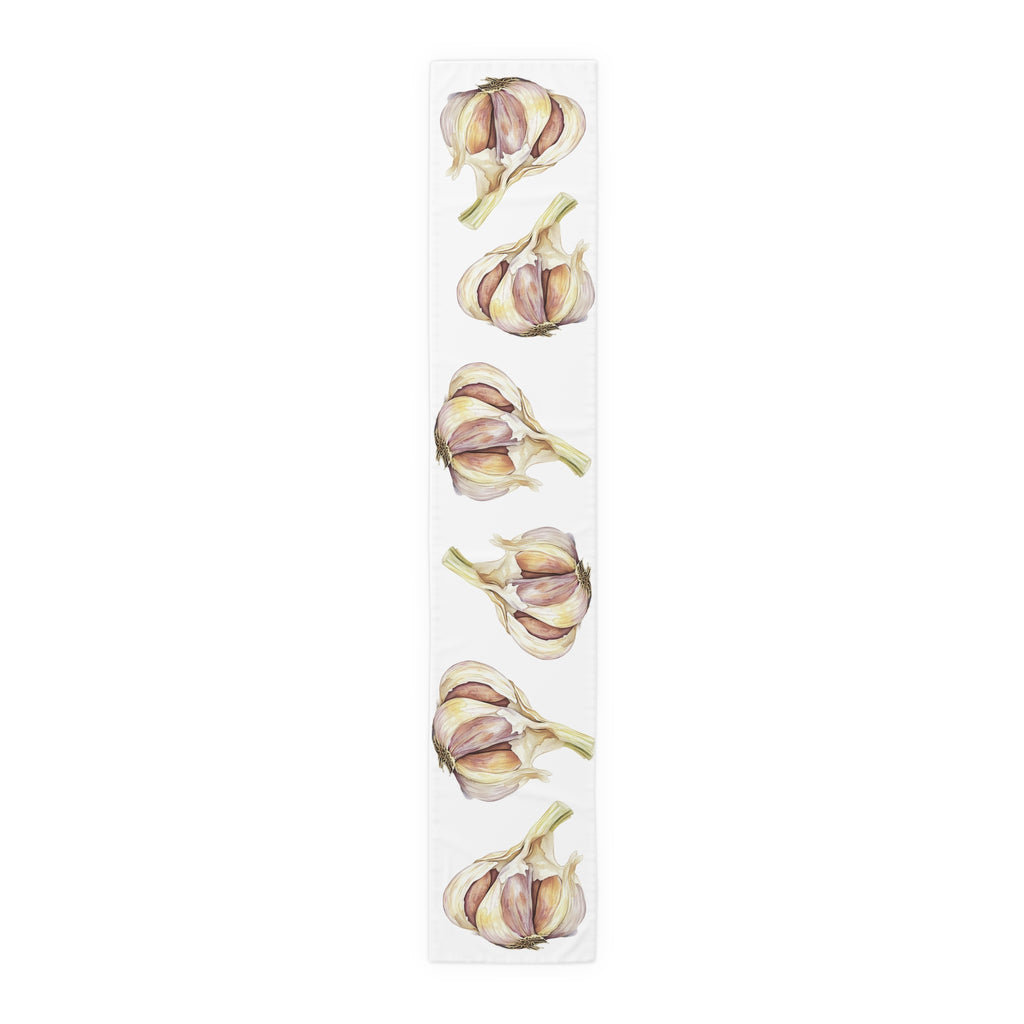 Garlic table runner in cotton twill, 16 by 90 inches, the longer size laid flat with the same repeating print