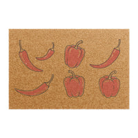 Chili and Bell Pepper coir doormat, showing a row of red chilies above three bell peppers