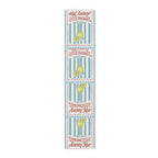Limoncello Amore Mio table runner in cotton twill, 16 by 72 inches, blue and white stripes with retro Limoncello labels