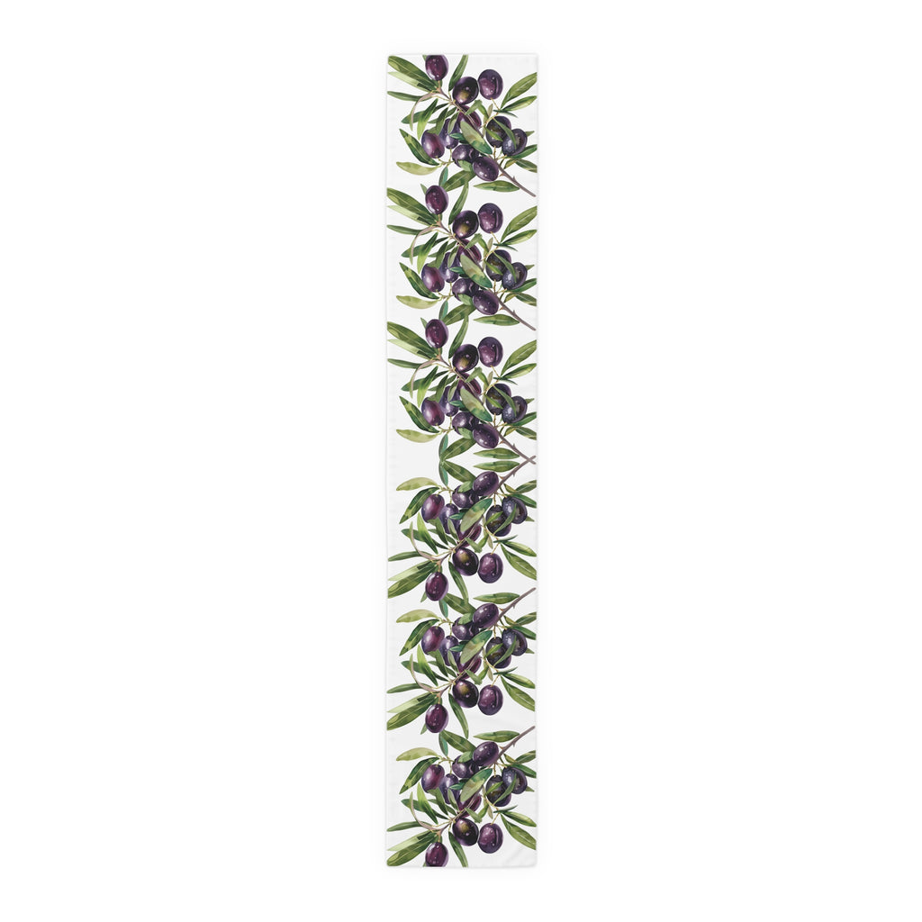 Olive Branch table runner in polyester, 16 by 90 inches, the longer size laid flat with the same repeating print