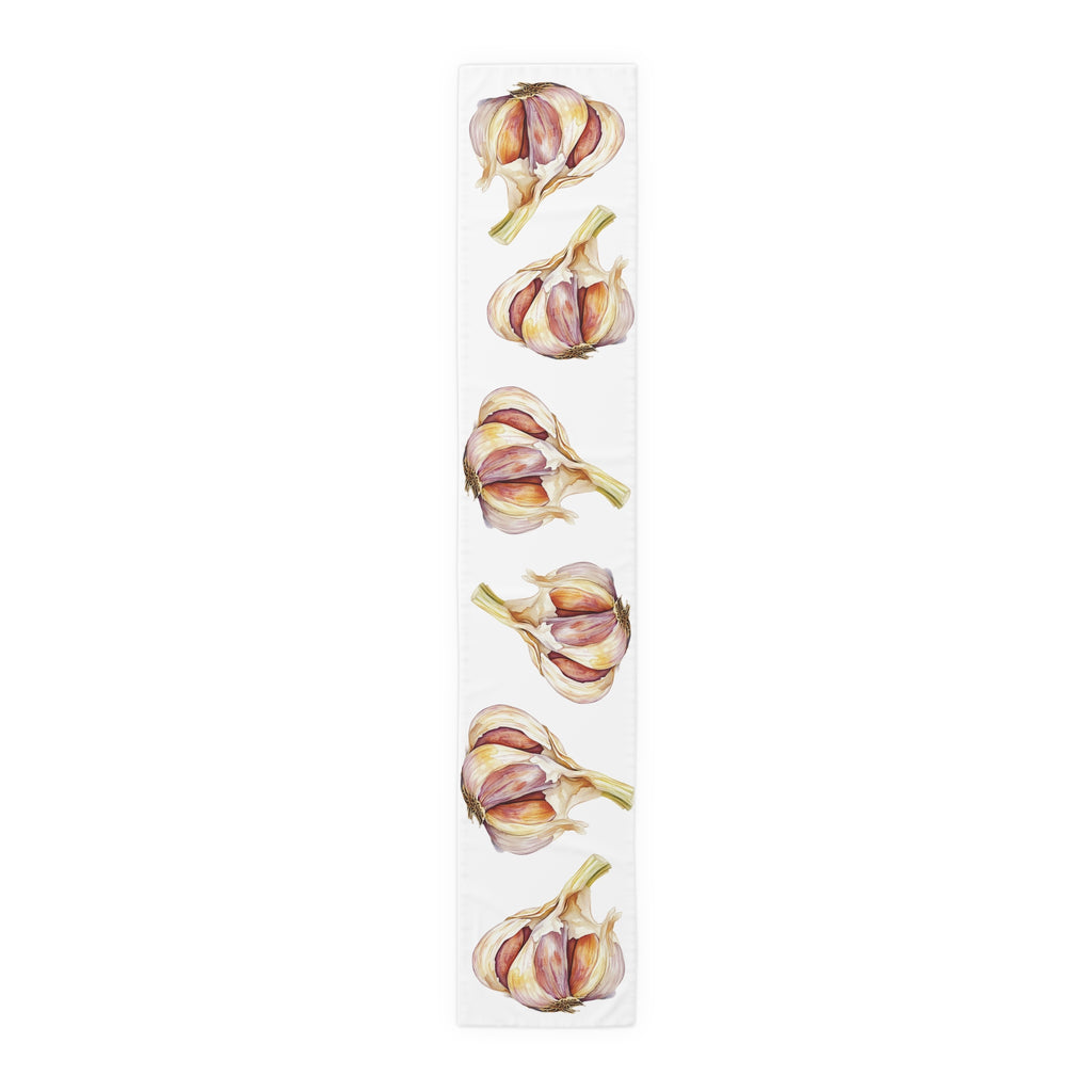 Garlic table runner in polyester, 16 by 90 inches, the longer size laid flat with the same repeating print