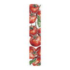 Tomato table runner in polyester, 16 by 90 inches, the longer size laid flat with the same repeating print
