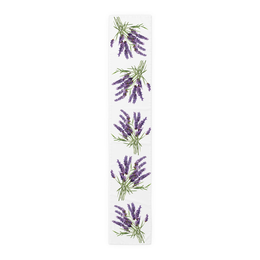 Lavender table runner in polyester, 16 by 90 inches, the longer size laid flat with the same repeating print