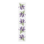 Lavender table runner in polyester, 16 by 90 inches, the longer size laid flat with the same repeating print