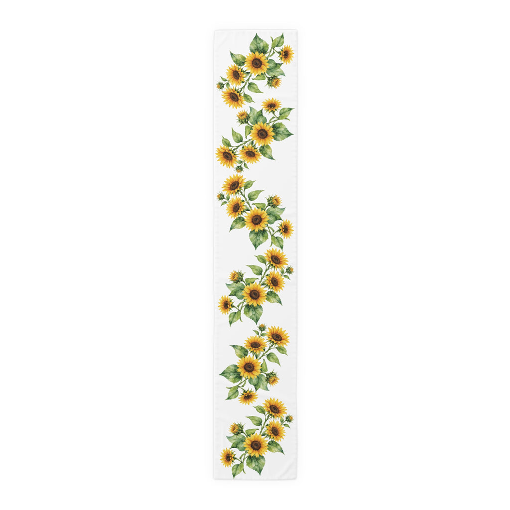 Sunflower table runner in polyester, 16 by 90 inches, the longer size laid flat with the same repeating print