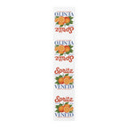 Spritz Veneto table runner, 16 by 90 inches in polyester, laid flat showing the repeating Spritz Veneto label print with oranges on a white ground