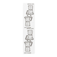 Caffè Italiano table runner in cotton twill, 16 by 72 inches, laid flat with a repeating line-drawn moka pot pattern