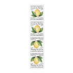 Limoncello table runner in cotton twill, 16 by 72 inches, laid flat with repeating lemon labels and Limoncello lettering