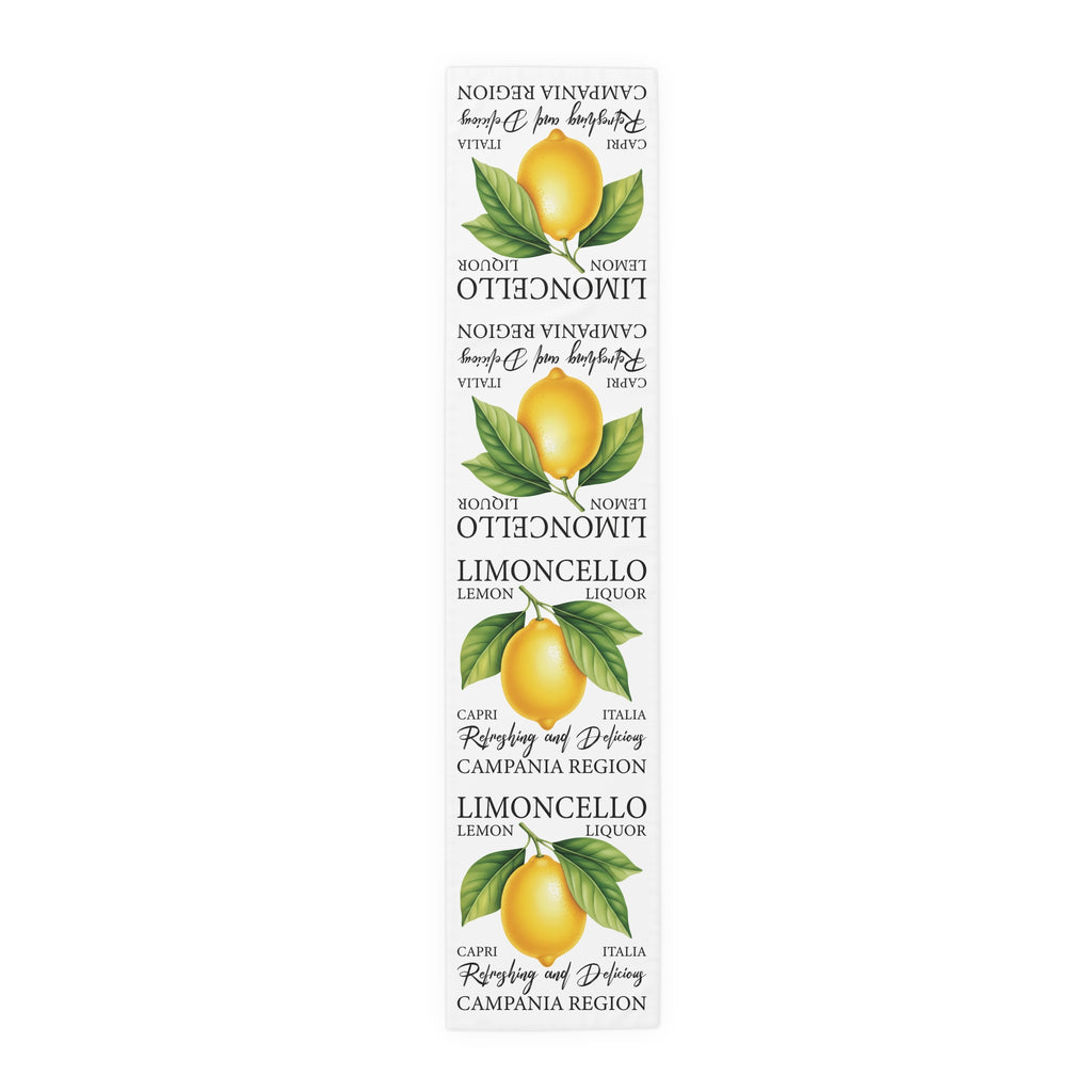 Limoncello table runner in polyester, 16 by 72 inches, laid flat with repeating lemon labels and Limoncello lettering