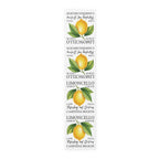 Limoncello table runner in polyester, 16 by 72 inches, laid flat with repeating lemon labels and Limoncello lettering