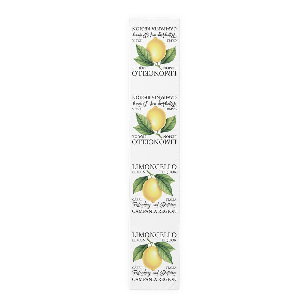 Limoncello table runner in cotton twill, 16 by 90 inches, the longer size laid flat with the same repeating print