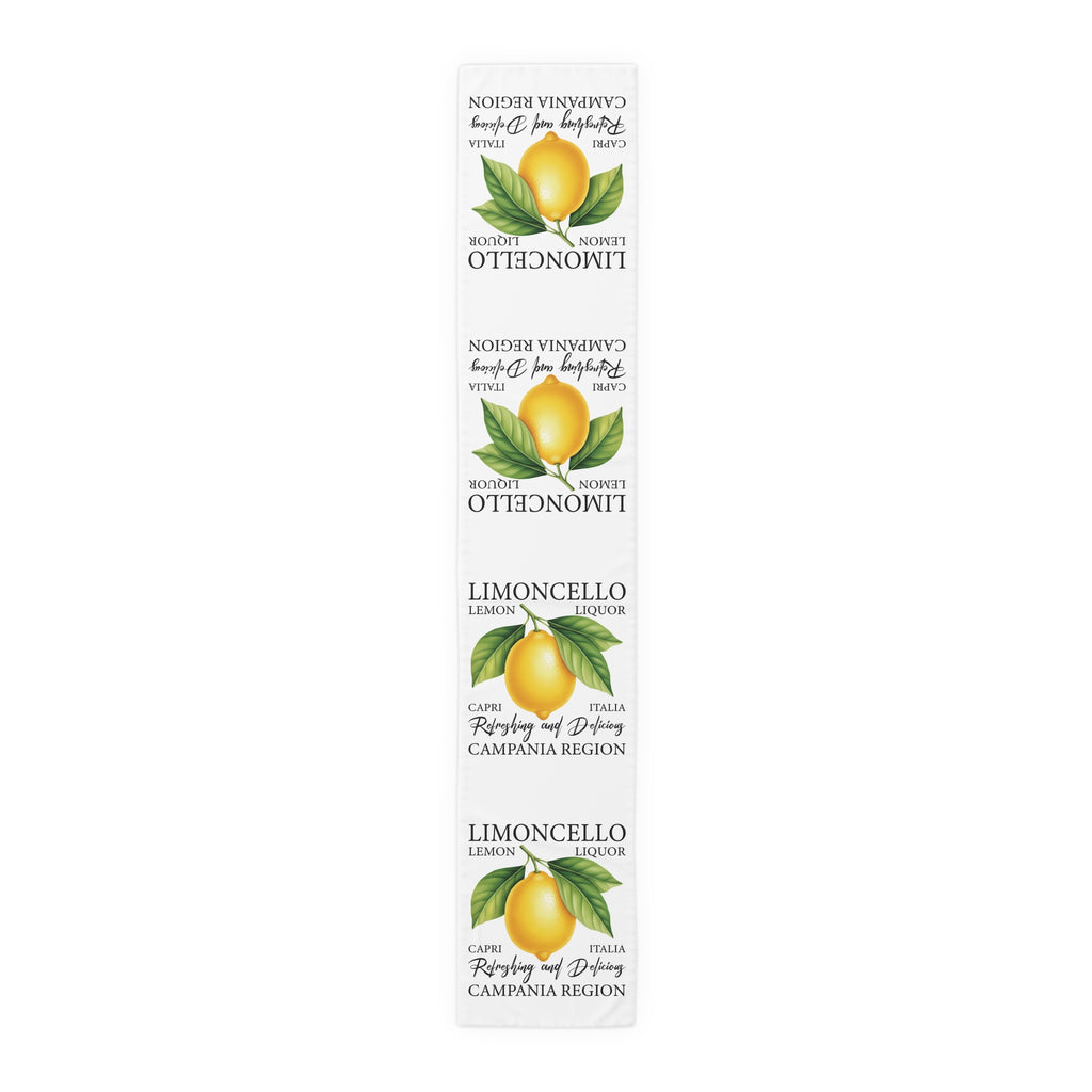 Limoncello table runner in polyester, 16 by 90 inches, the longer size laid flat with the same repeating print