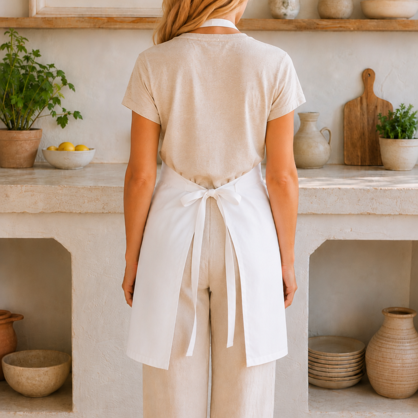 Apron seen from behind, showing the tie-back waist closure and adjustable neck strap
