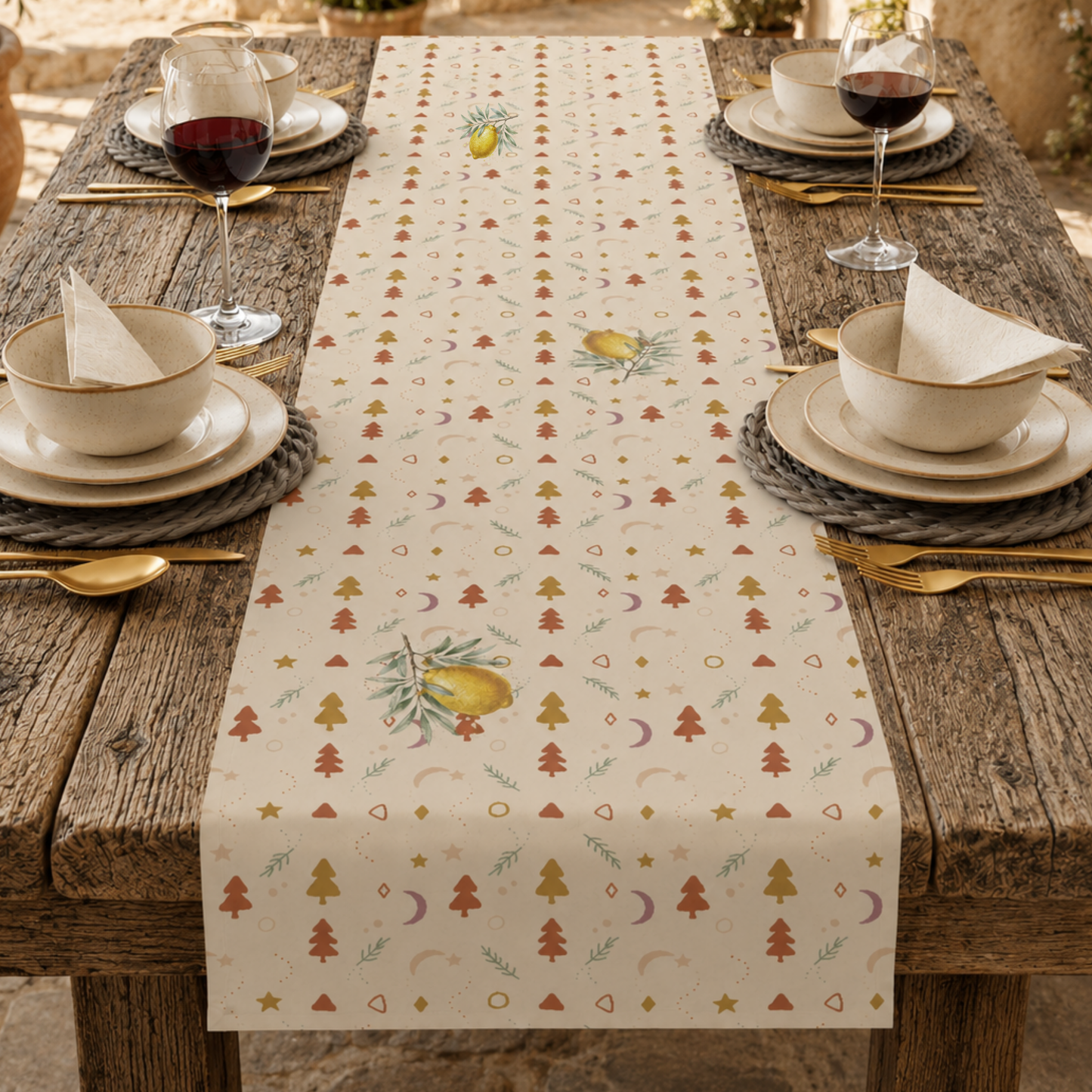 Lemon and pine Christmas table runner down a table laid for Christmas dinner