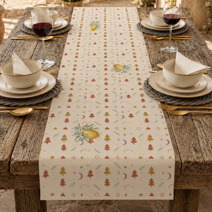 Lemon and pine Christmas table runner down a table laid for Christmas dinner