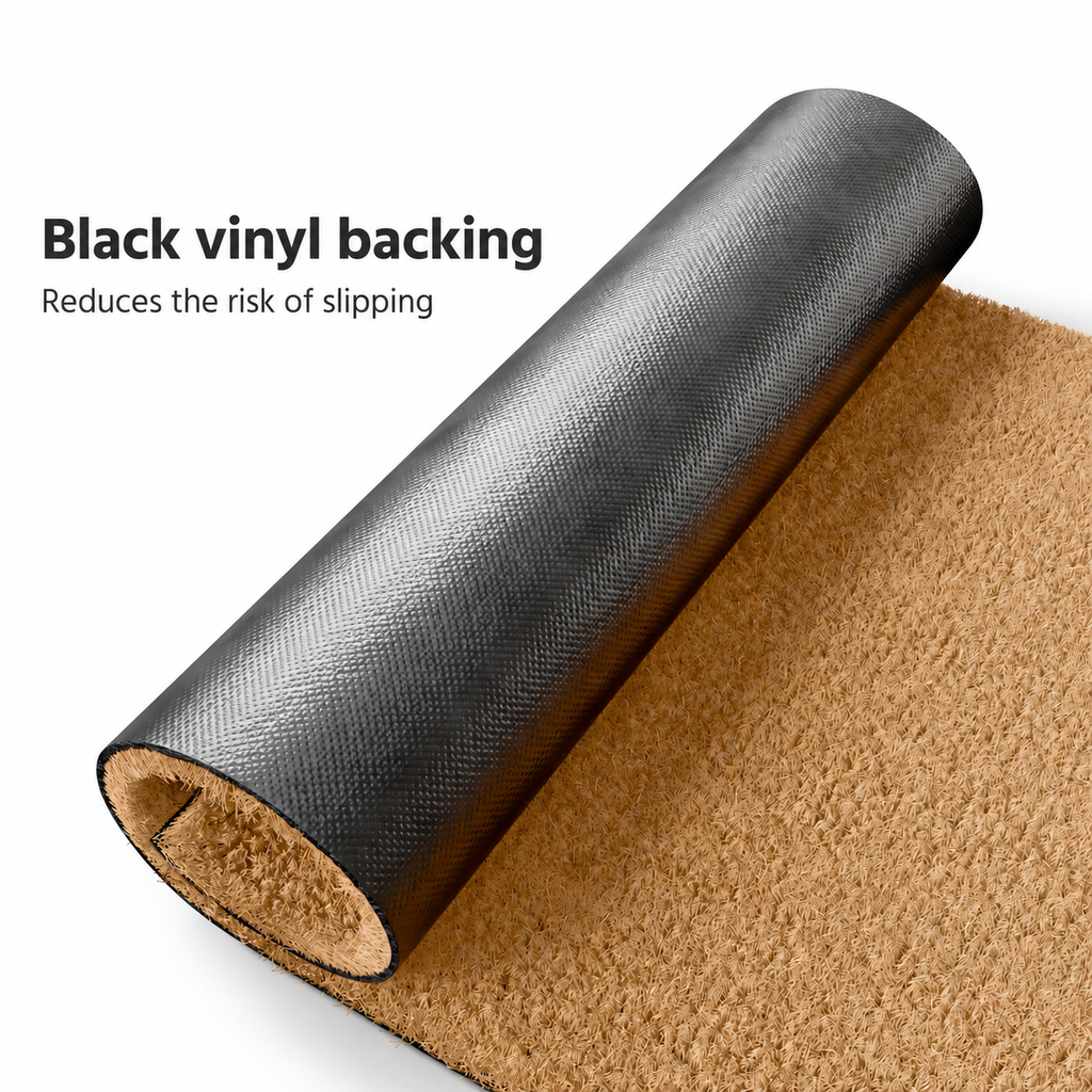 Coir doormat rolled back to show the black vinyl backing underneath, with the coconut-coir surface beside it