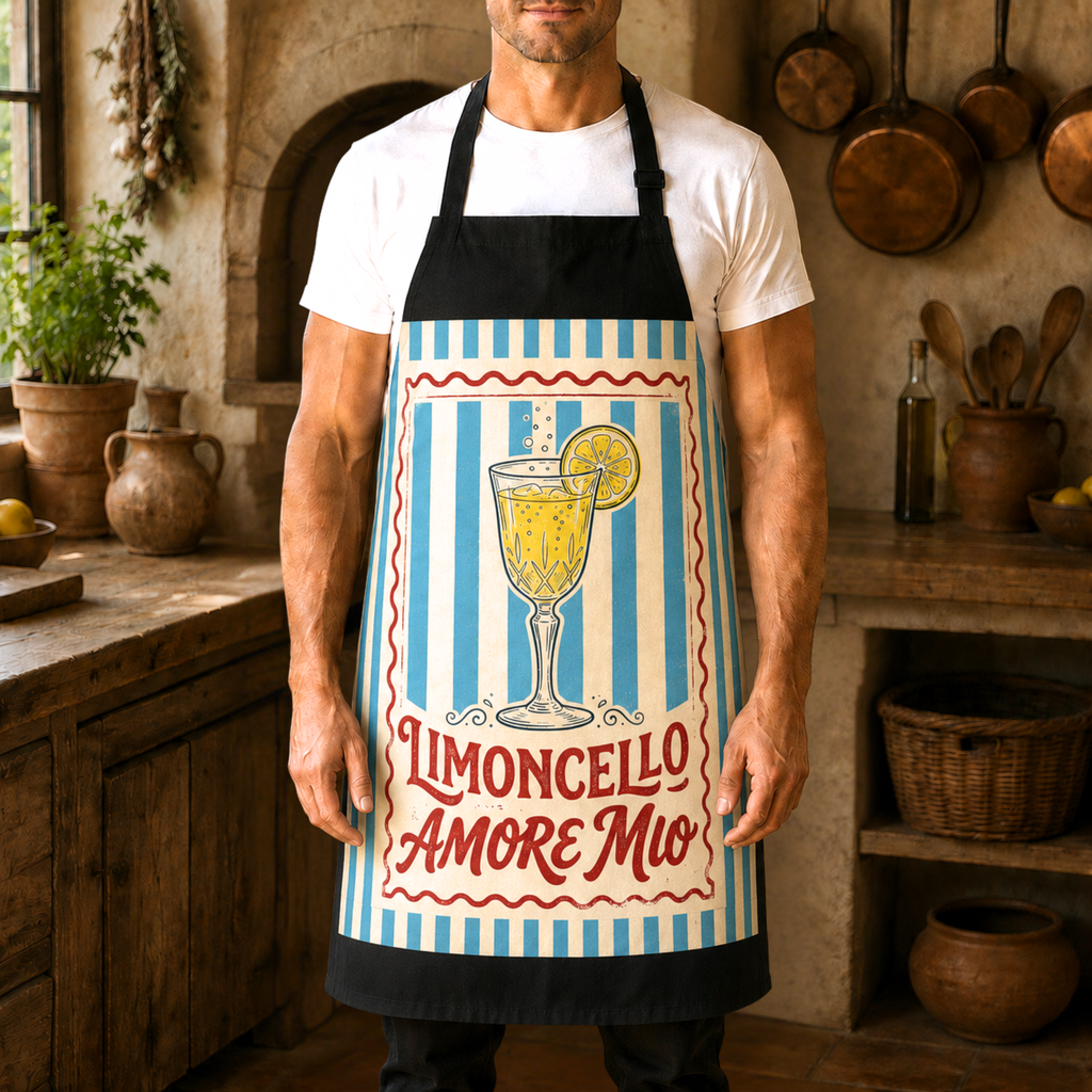 Limoncello Amore Mio apron worn in a kitchen, showing the striped ground and the retro Limoncello label on a black body