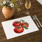 Tomato placemat on a wooden table with cutlery, a glass of white wine and a terracotta jug of daisies