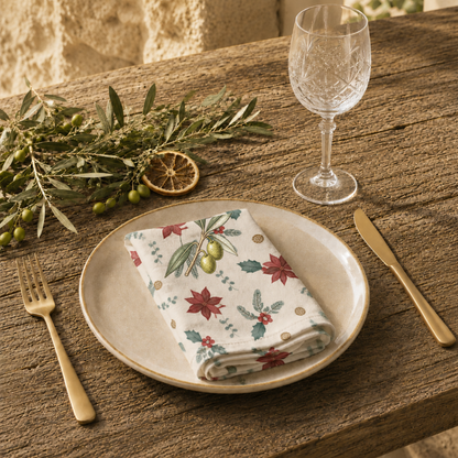 Poinsettia and olive Christmas napkin folded on a plate at a table laid for Christmas