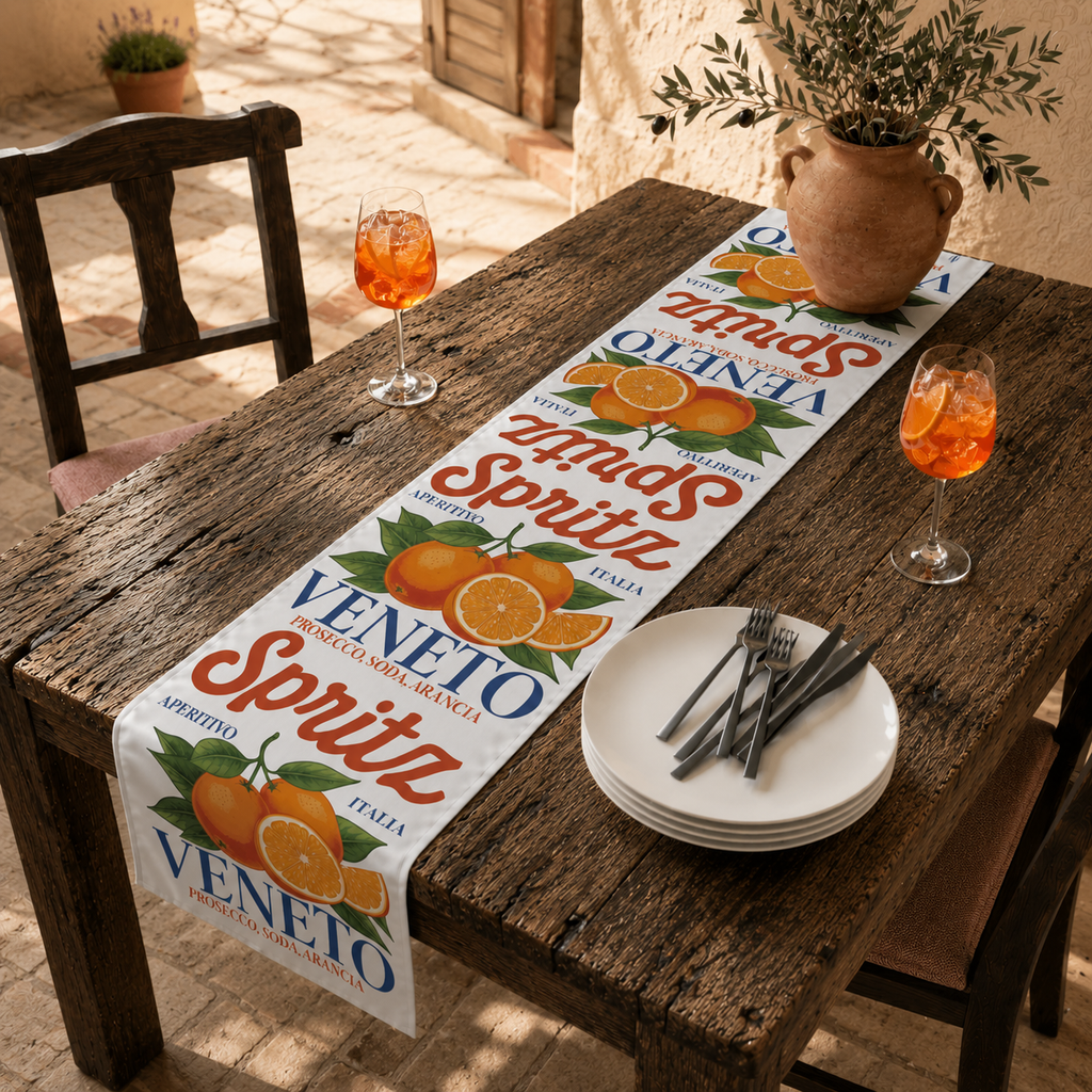 Spritz Veneto table runner on a weathered wooden table in a sunlit courtyard, with two glasses of orange spritz, stacked plates and an olive branch arrangement