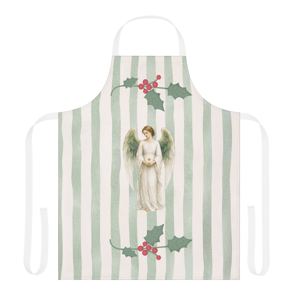 Angels and holly Christmas apron laid flat, showing the angel and holly on a soft green stripe with white straps