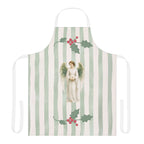 Angels and holly Christmas apron laid flat, showing the angel and holly on a soft green stripe with white straps