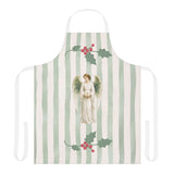 Angels and holly Christmas apron laid flat, showing the angel and holly on a soft green stripe with white straps