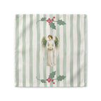 Angels and holly cloth napkin, 10 by 10 inches, laid flat showing the angel and red-berried holly on a soft green stripe