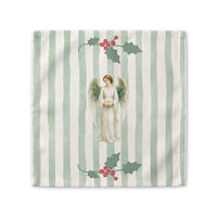 Angels and holly cloth napkin, 10 by 10 inches, laid flat showing the angel and red-berried holly on a soft green stripe