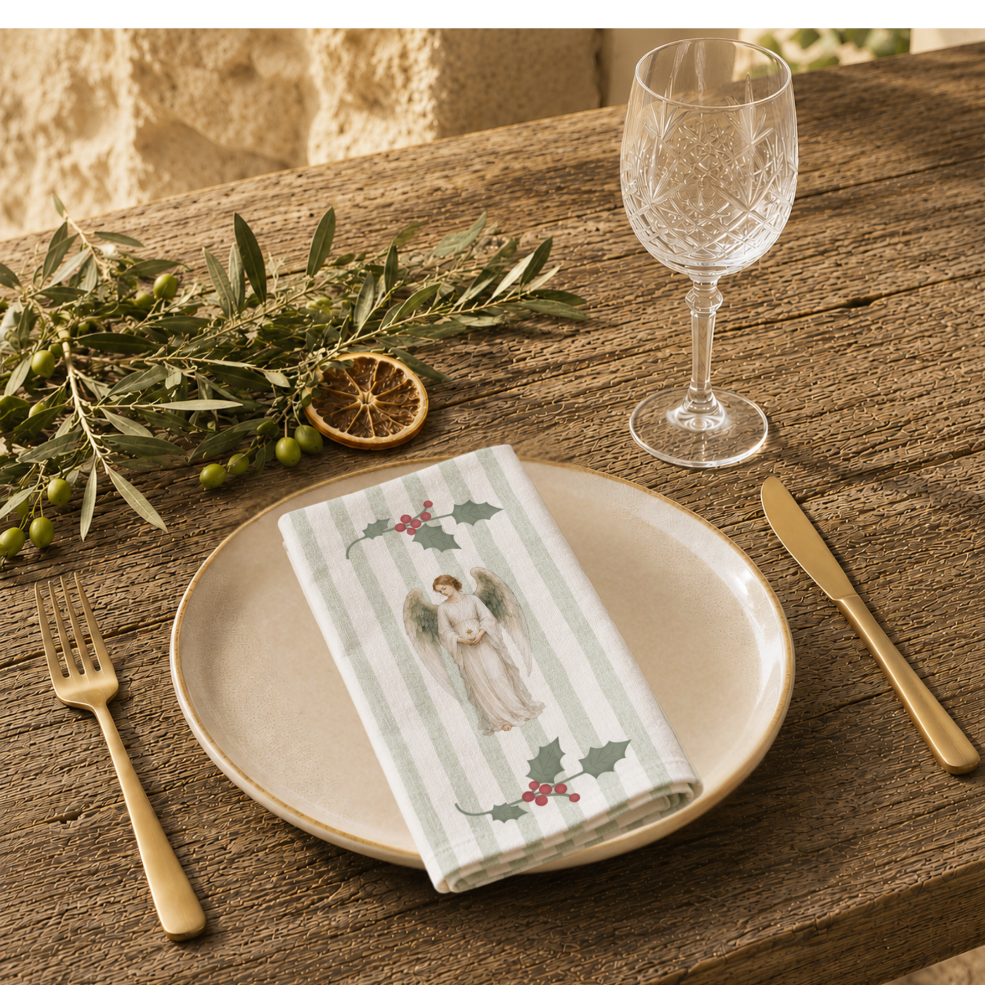 Angels and holly napkin folded on a stoneware plate in warm sunlight, with gold cutlery, a wine glass and an olive branch