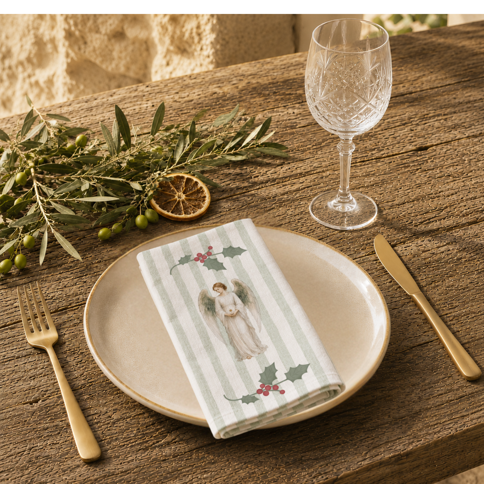 Angels and holly napkin folded on a stoneware plate in warm sunlight, with gold cutlery, a wine glass and an olive branch