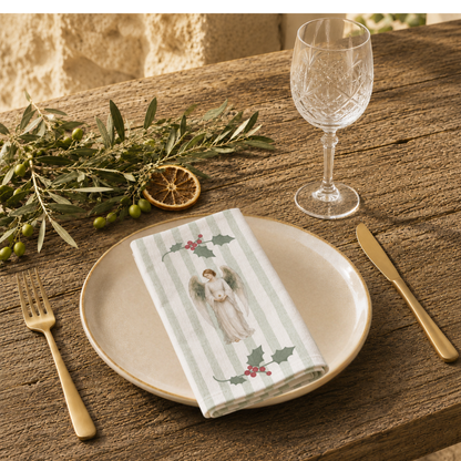 Angels and holly napkin folded on a stoneware plate in warm sunlight, with gold cutlery, a wine glass and an olive branch