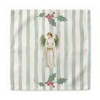 Angels and holly dinner napkin, 22 by 22 inches, the angel and holly centered on the same soft green and cream stripe