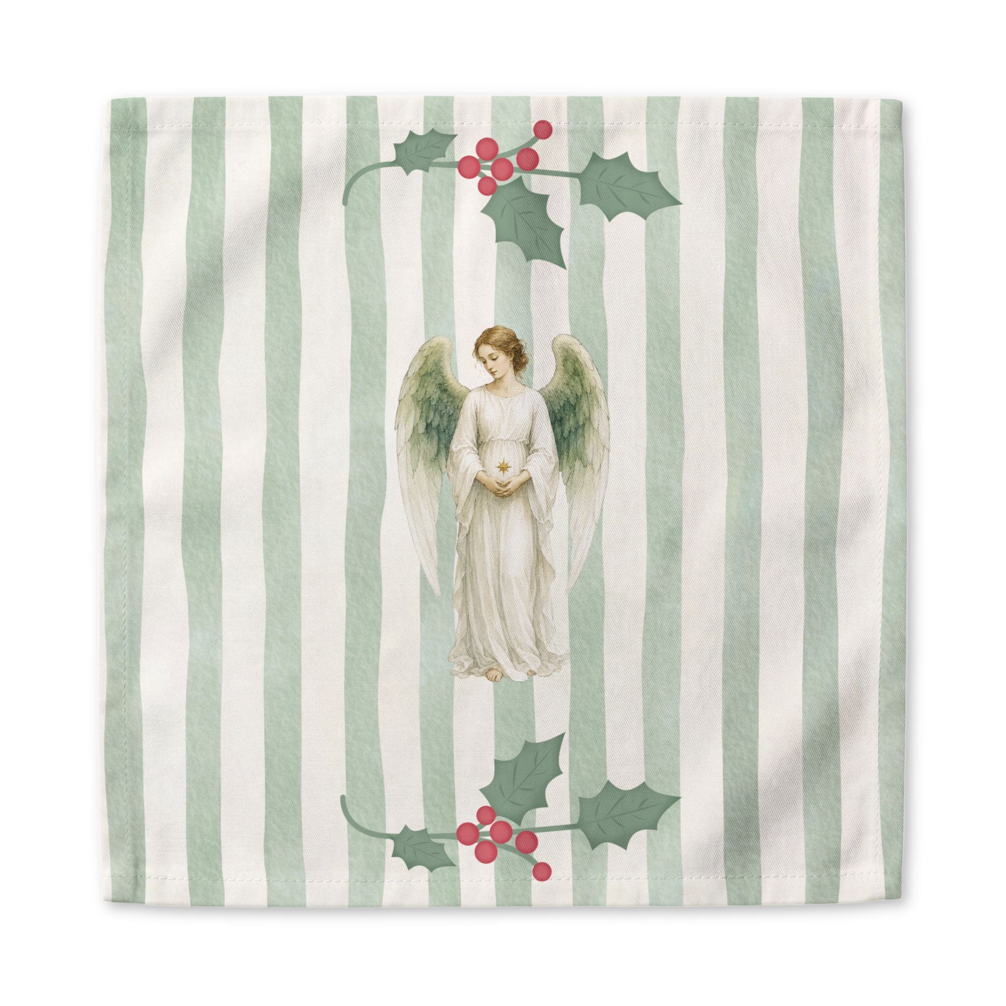 Angels and holly dinner napkin, 22 by 22 inches, the angel and holly centered on the same soft green and cream stripe